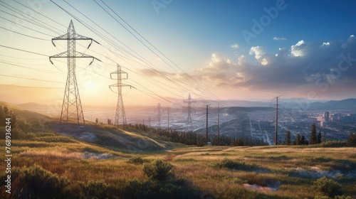 Silhouette of High-voltage power lines and high-voltage towers at sunset with the city in background. Electric energy concept.