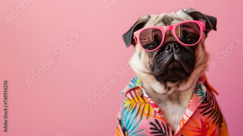 Pug in pink sunglasses and hawaiian shirt, vibrant travel illustration on pink background with copy space