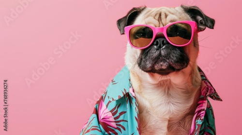 Pug paradise: portrait of adorable pug in stylish pink sunglasses and hawaiian shirt, isolated on vibrant pink background with copy space, travel illustration concept