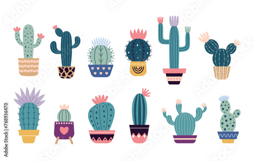 Set of colorful blooming cacti, succulent in pot. Cute hand drawn sketch of cactus. Doodle style, flat design. Scandinavian, boho style. Vector illustration. Exotic and Tropical Plant, home decor