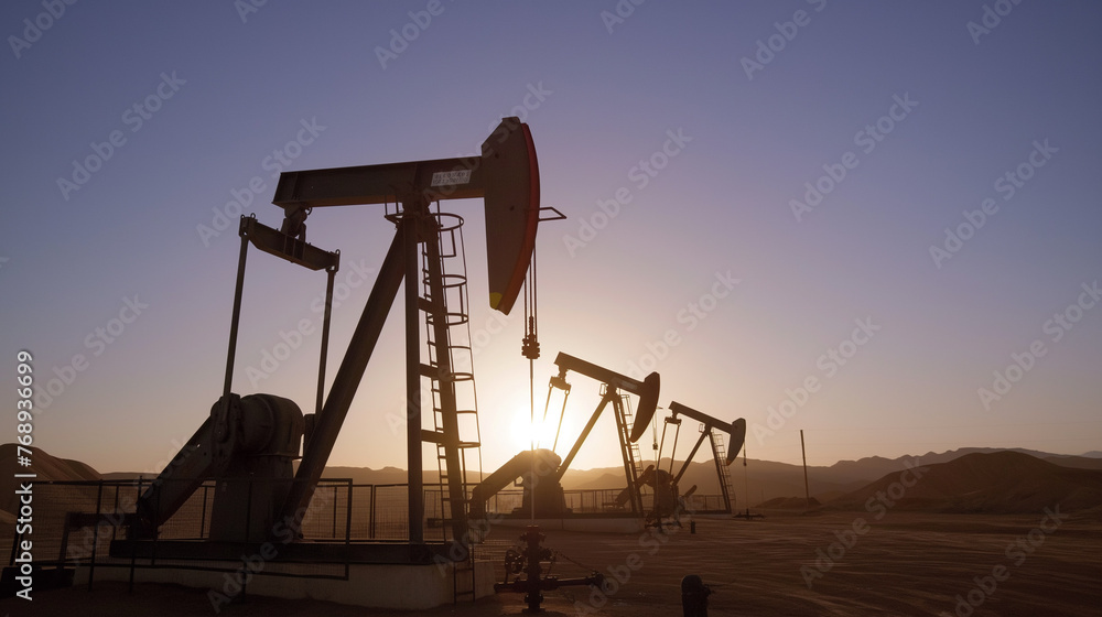 Oil pumps and camels in desert.