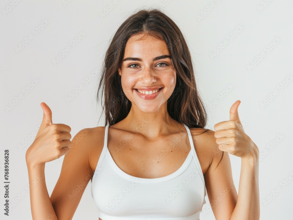 European fitness woman wears white sportswear on a white background showing thumbs up and smiling. Active lifestyle and motivation, sports. European fitness woman wears white sportswear on a white background showing thumbs up and smiling. Active lifestyle and motivation, sports.