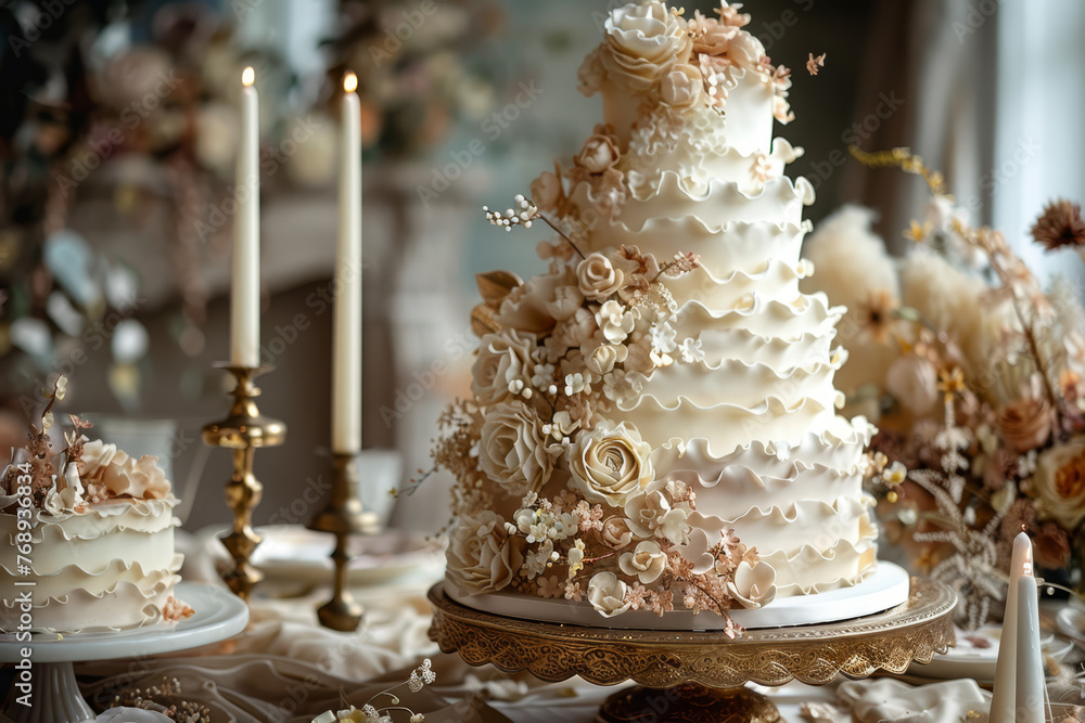 A luxurious multi-tiered wedding cake with exquisite white and gold floral details, set in an opulent setting with soft lighting.. A luxurious multi-tiered wedding cake with exquisite white and gold floral details, set in an opulent setting with soft lighting..