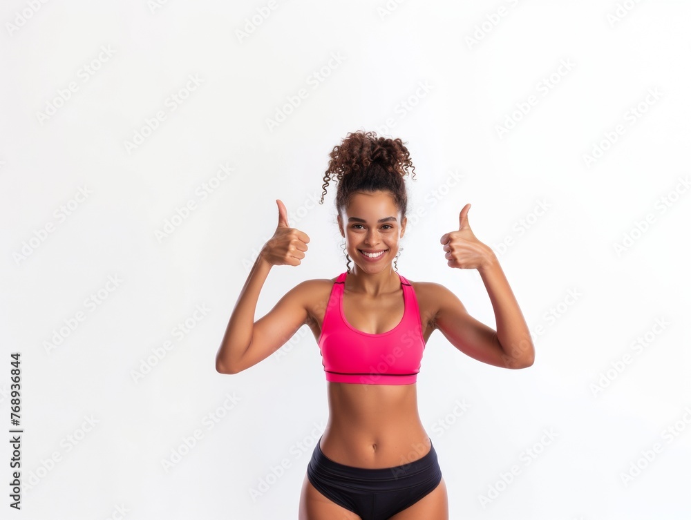 A woman with athletic build smiles and shows thumbs up. Seal of approval. Active lifestyle and sports, health and beauty. A woman with athletic build smiles and shows thumbs up. Seal of approval. Active lifestyle and sports, health and beauty.