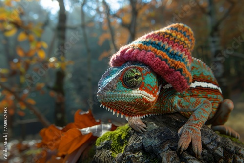 A chameleon in a bright hat on the background of a forest landscape © Александр Лобач