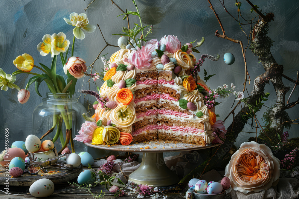 A festive Easter celebration table with a pastel-colored layered cake surrounded by decorated eggs and blossoms.