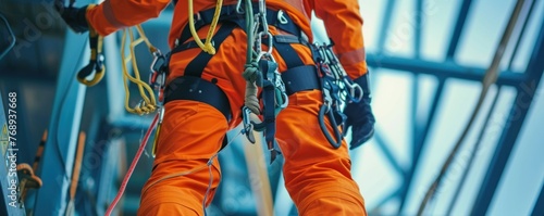 High-altitude safty equipment. Construction worker wearing safety equipments. banner