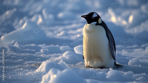 Close up portrait of penguin in Antarctica surrounded by snow and ice  with cold iceberg in the background. No people. Copy space