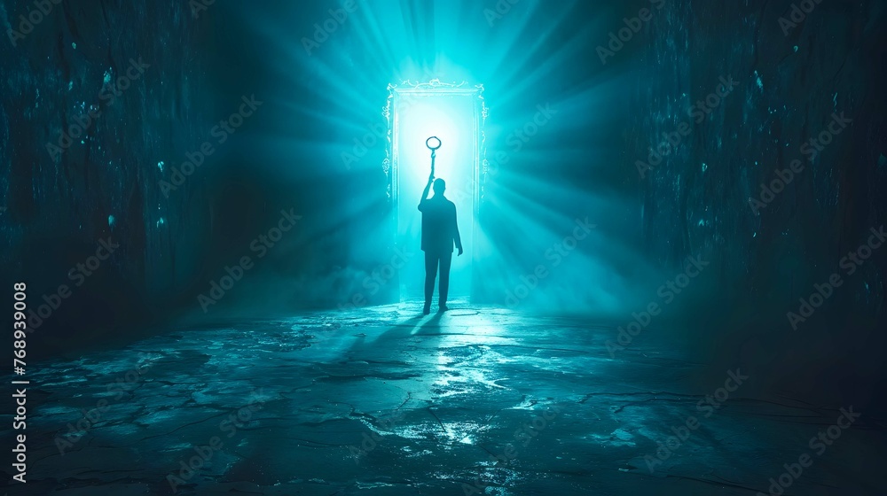 Conceptual image of a person holding a key and unlocking a reality Conceptual image of a person holding a key and unlocking a reality
