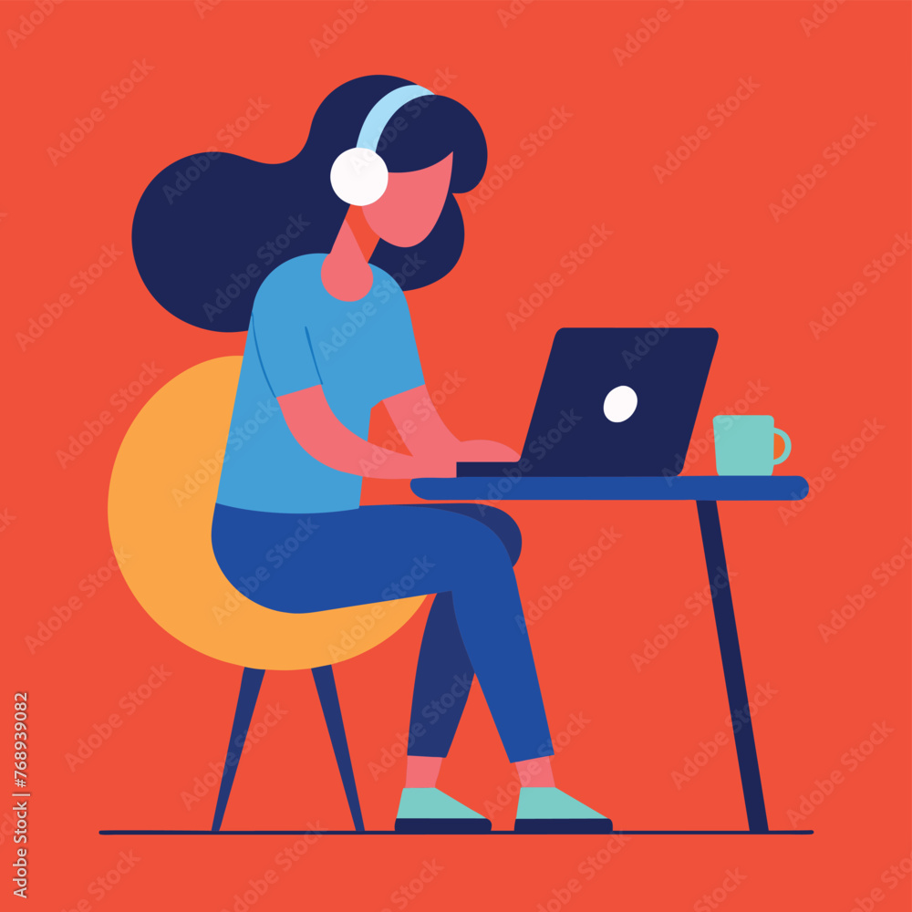 A girl works on a laptop work from home flat illustration A girl works on a laptop work from home flat illustration