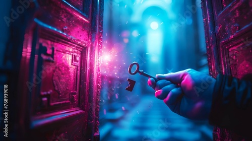 Conceptual image of a person holding a key and unlocking a  reality photo