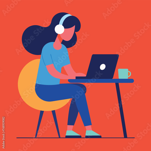 A girl works on a laptop work from home flat illustration