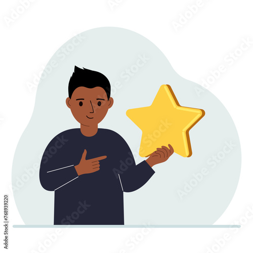 The boy is holding a star. Service rating or positive user rating. Consumer review of the product. Feedback. Vector illustration in flat style