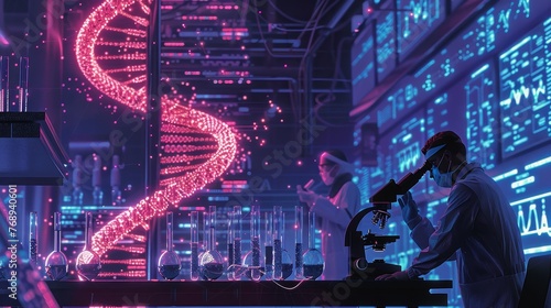 Science: A laboratory with scientists studying DNA under a microscope