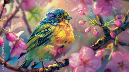 A shy robin peeks out from behind a cluster of blossoms  charm of springtime concept.