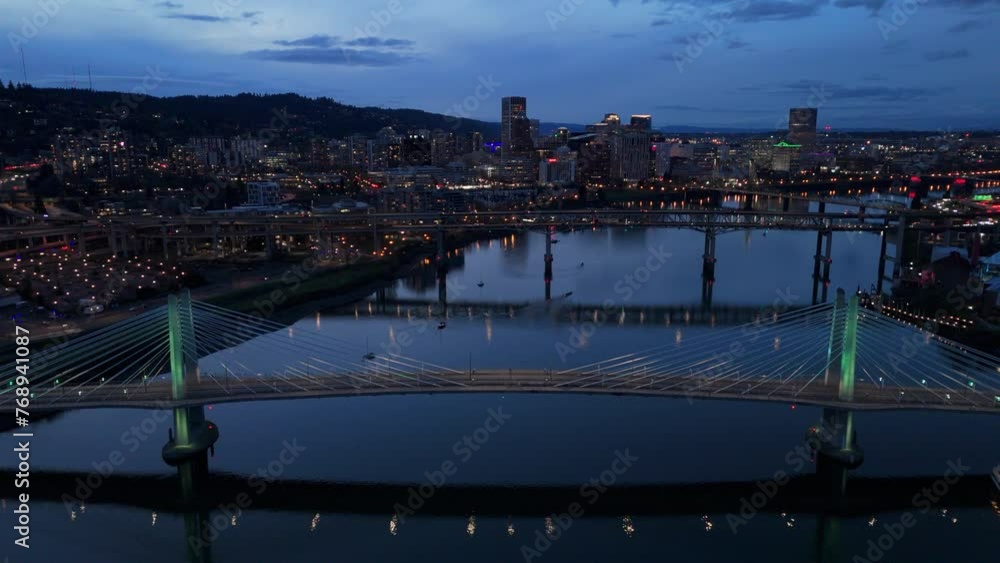 alt evening flying over Tilikum Crossing Bridge towards Portland OR skyline