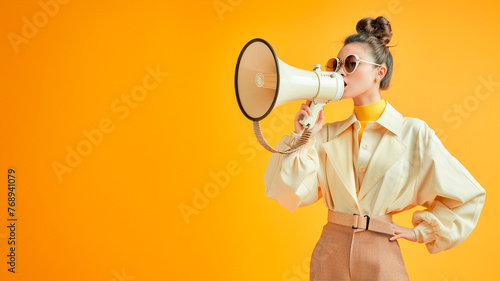 Announcing Discounts Sale. Young woman with Megaphone in Fashion Model Shopping Concept. Orange Studio Isolated Background with Copy Space