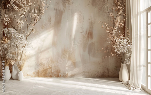 luxurious wedding backdrop with florals on beige wall with light shade from window