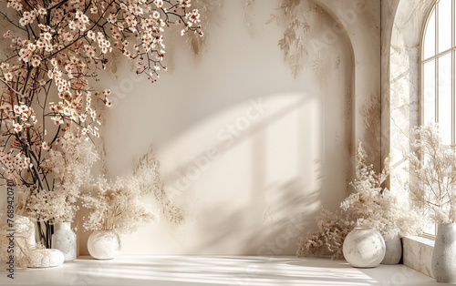 luxurious wedding backdrop with florals on beige wall with light shade from window