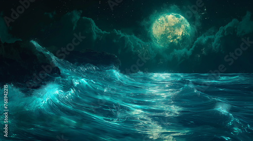 Moonlit Ocean Waves in Mystical Seascape © Noppakun