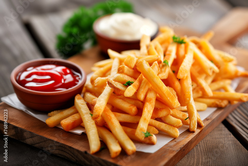 French fries fast food meal eating snack with ketchup and mayonnaise on a wooden board © Markus Mainka
