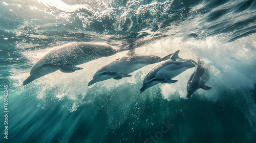 Pod of Dolphins Swimming Under Ocean Waves © Noppakun