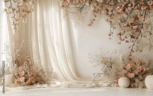 luxurious wedding backdrop with florals on beige wall and white curtain