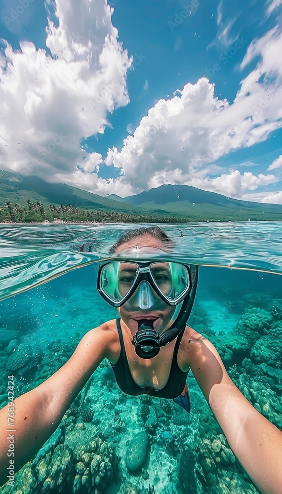 Solitary bliss  woman snorkeling with mask in crystal waters of secluded tropical island