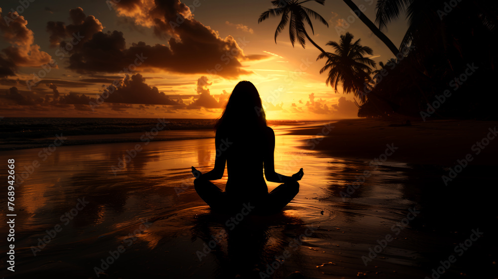 girl  sitting on tropical beach at dawn and meditating, 