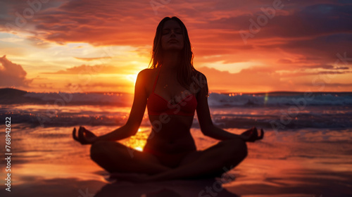 girl sitting on tropical beach at dawn and meditating, 
