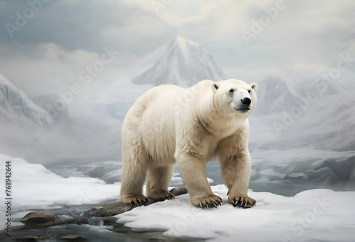 A polar bear in a snowy mountain environment