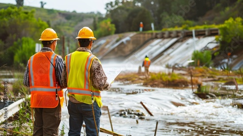 Group of engineers inspecting a dam  control infrastructure