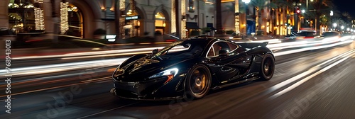 Black sports car speeding down night city street with blurred lights © Maksym