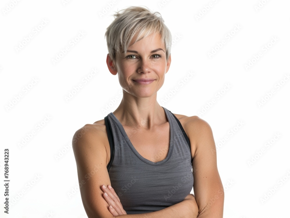 Athletic blonde woman with a short fashionable haircut in sportswear smiling on a white background. Fashion and beauty. Sports, active lifestyle, motivation, weight loss and fat burning. Athletic blonde woman with a short fashionable haircut in sportswear smiling on a white background. Fashion and beauty. Sports, active lifestyle, motivation, weight loss and fat burning.