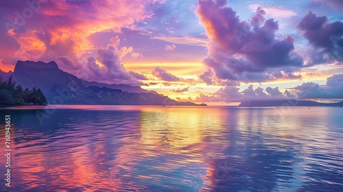 Vibrant sunset sky over south pacific ocean with lagoon landscape in moorea - luxury travel destination scene © Ashi