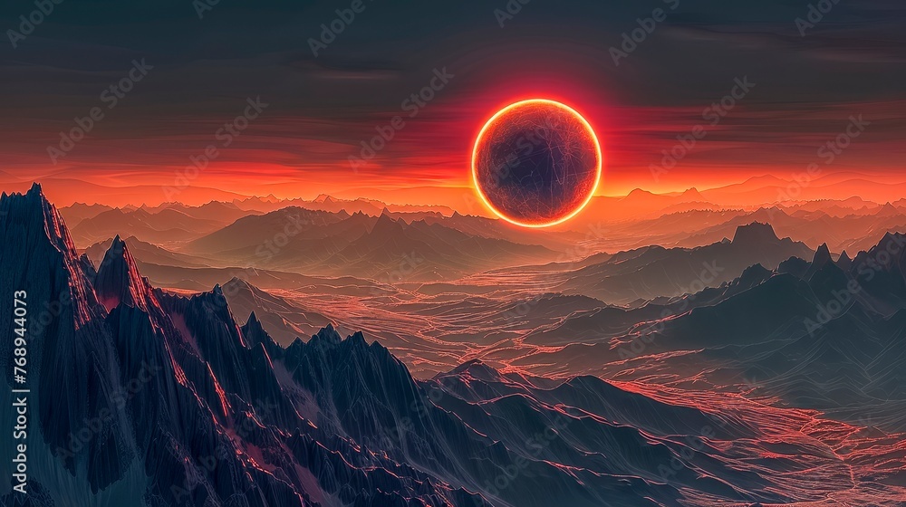 Dramatic solar eclipse hovers over a stark and jagged extraterrestrial landscape, casting a surreal glow, perfect for sci-fi themes and otherworldly exploration.