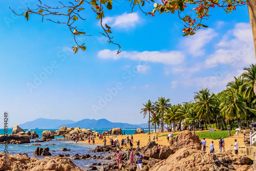 View of the rocky shore of the South China Sea in the World's End Park. Sanya, China