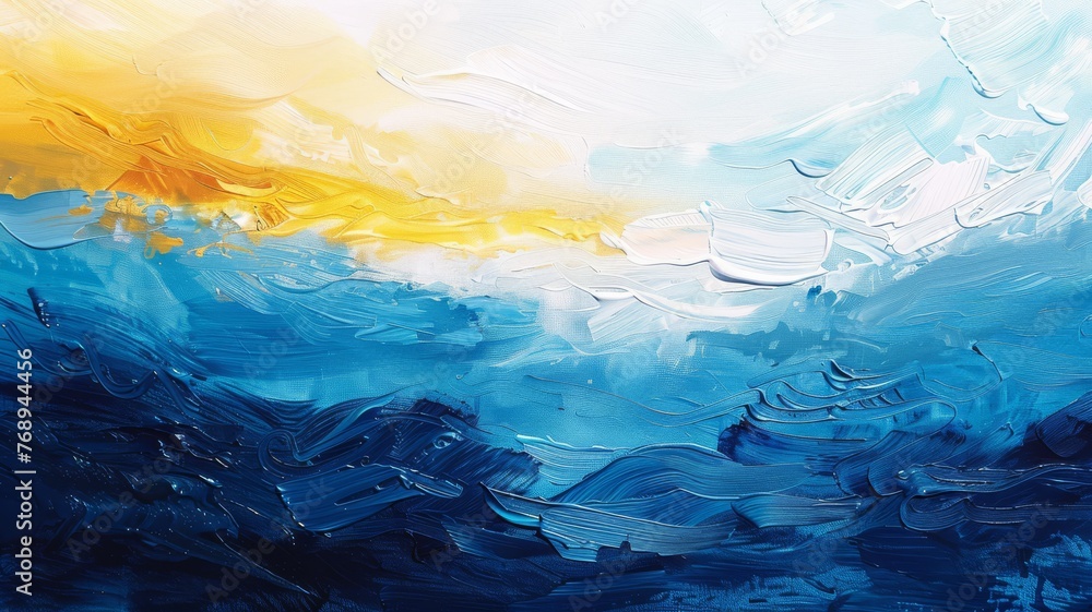 Oil painting capturing the vibrant transition from dawn's golden yellow to deep ocean blue..