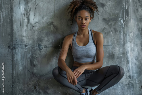 A physically fit woman in athletic attire, preparing for a workout with her gym essentials, sporting fitted yoga attire and athletic shoes photo