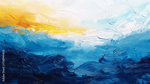 Oil painting capturing the vibrant transition from dawn's golden yellow to deep ocean blue..