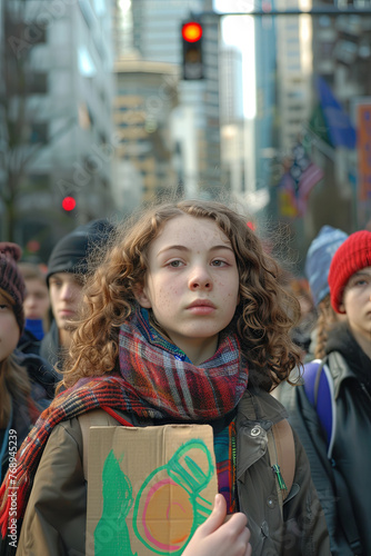 Youths mobilizing in urban settings to voice their concerns over climate change, advocating for environmental conservation, and protesting against ecological threats and global warming