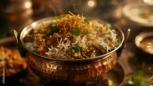 Chicken biryani Spicy Indian Malabar biryani Hyderabadi biryani, Dum Biriyani pulao in copper utensils India Sri Lanka Pakistan basmati rice mixed rice dish with meat curry Ramadan Kareem, Eid