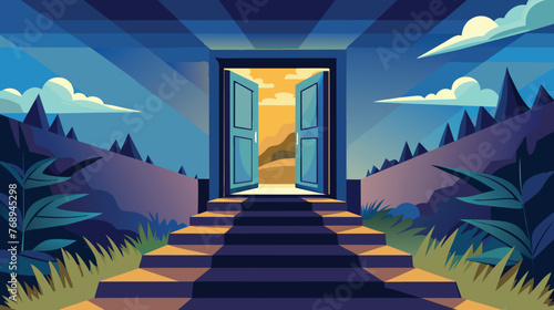 Open Door to a Twilight Mountain Landscape