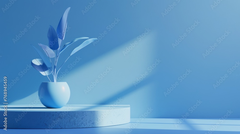 Blue minimalist vase with decorative leaves on shelf. Stylish blue interior decor with modern vase. Simplistic design vase with leaves in a monochromatic setting. Blue minimalist vase with decorative leaves on shelf. Stylish blue interior decor with modern vase. Simplistic design vase with leaves in a monochromatic setting.