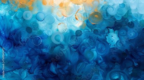 A stunning abstract creation, with azure blues and touches of gold, resembling a lively ocean surface..