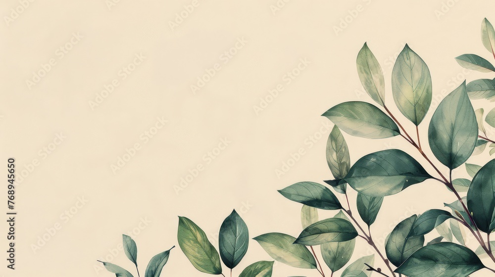 Artistic depiction of green leafy branches with a delicate pastel backdrop..