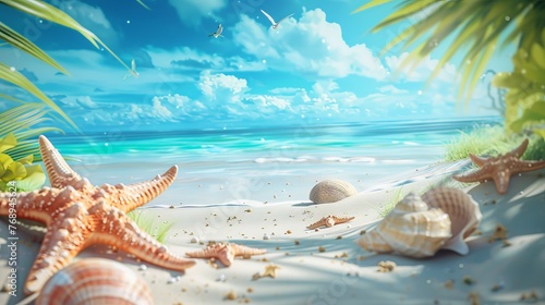 Tranquil summer beach scene with starfish and seashells, coastal vibes and sandy shoreline