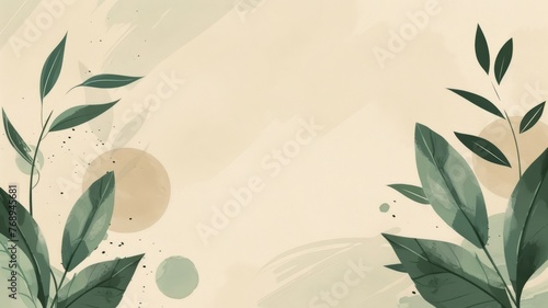 Abstract botanical design with elegant green leaves and a stylized sun motif in a warm palette. Perfect for wallpaper, web banner, craft background and scrapbooking.