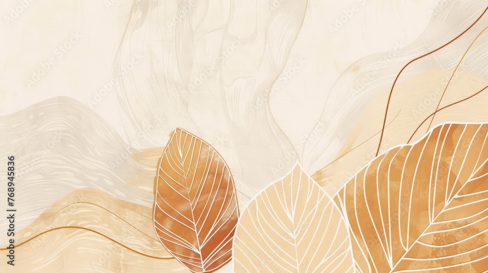 Line art of leaves over abstract wavy patterns, creating a harmonious blend of nature and art.. Line art of leaves over abstract wavy patterns, creating a harmonious blend of nature and art..