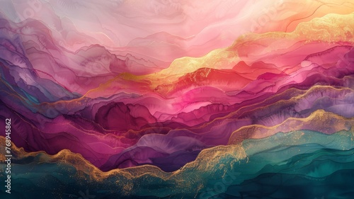 Artistic rendering of mountain layers, blending pink, purple, and gold in a mesmerizing landscape..